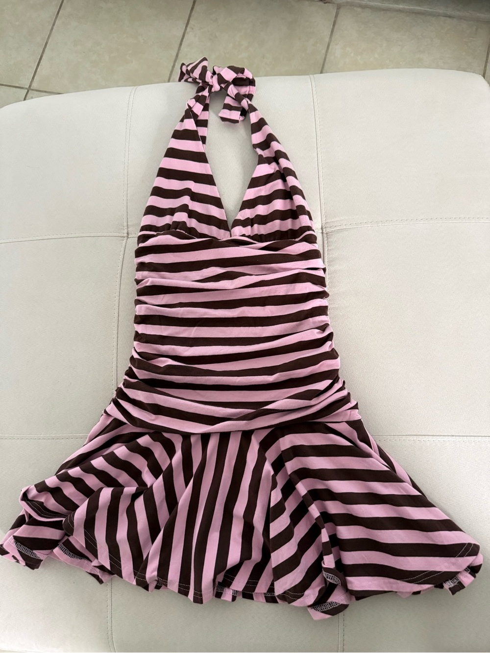 Zara Pink and Brown Striped Halter One-Piece Swimdress